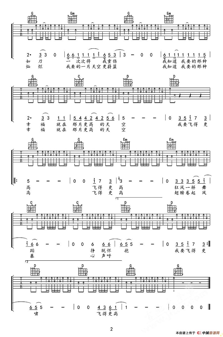飞得更高吉他谱,C调词曲、弦心距编配版高清简单谱教学简谱,汪峰六线谱原版六线谱图片
