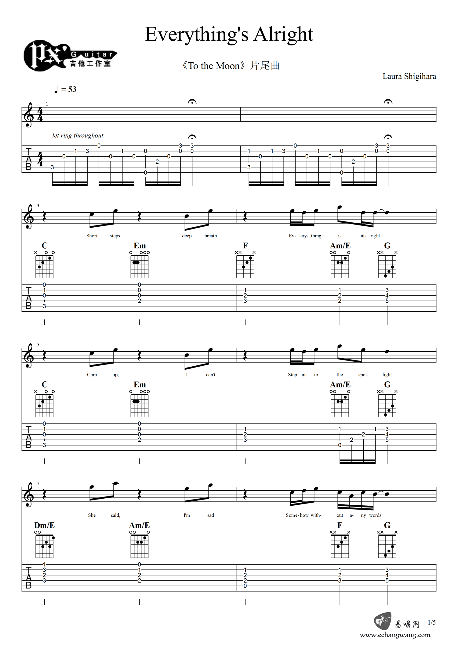 Everything'sAlright吉他谱,原版歌曲,简单C调弹唱教学,六线谱指弹简谱5张图