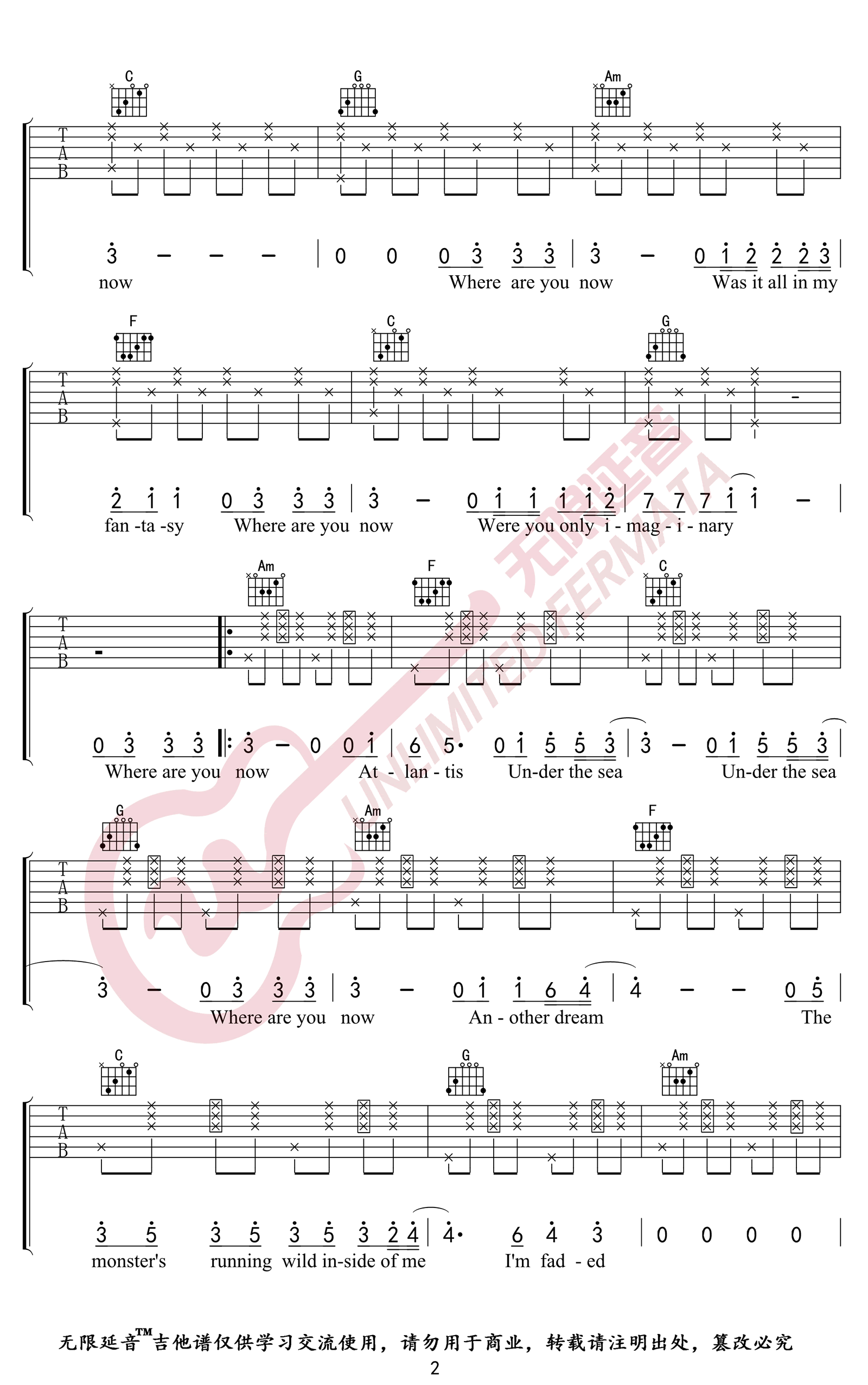 Faded吉他谱,原版歌曲,简单C调弹唱教学,六线谱指弹简谱4张图