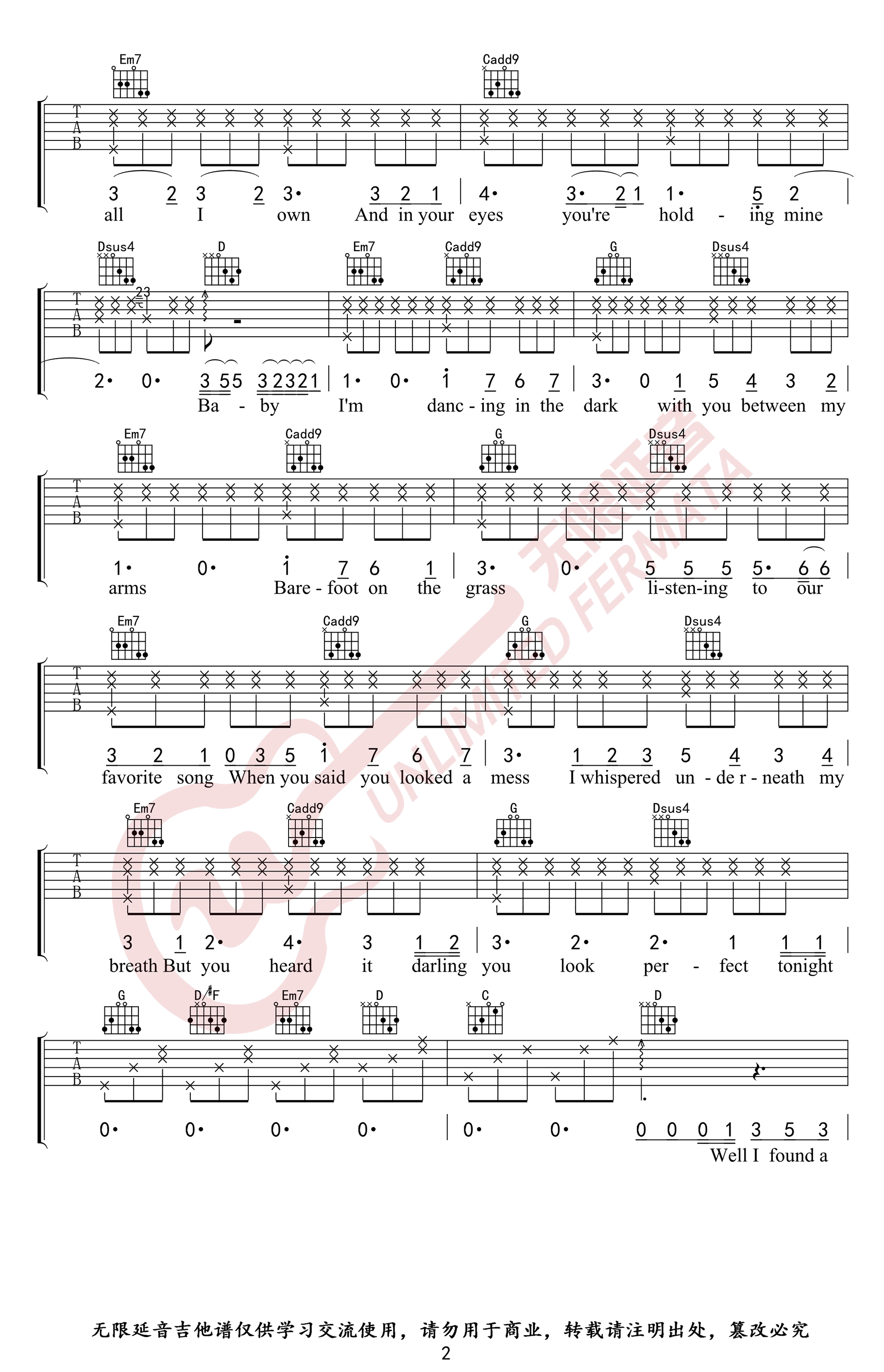 Perfect吉他谱,原版歌曲,简单G调弹唱教学,六线谱指弹简谱5张图