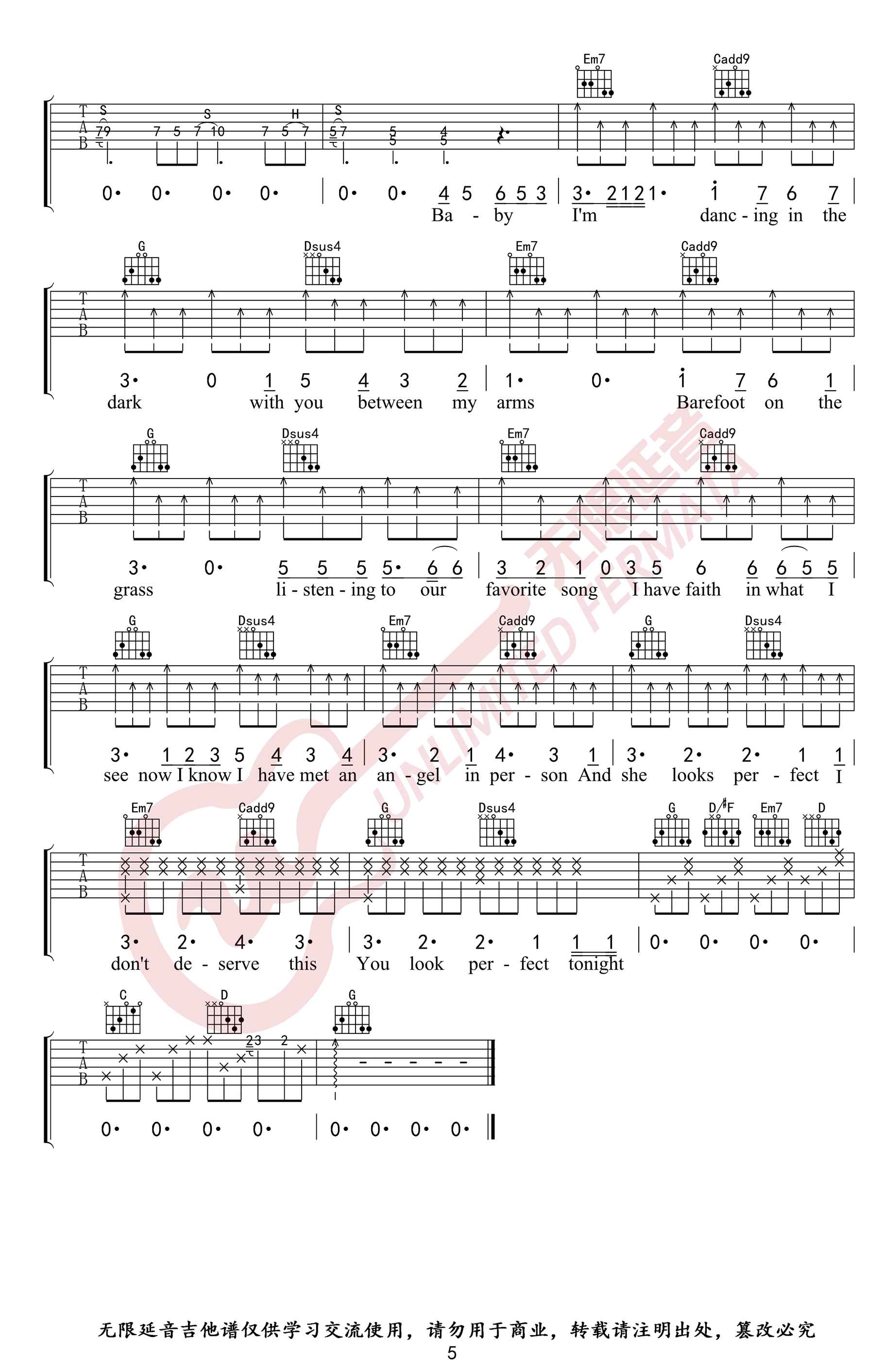 Perfect吉他谱,原版歌曲,简单G调弹唱教学,六线谱指弹简谱5张图