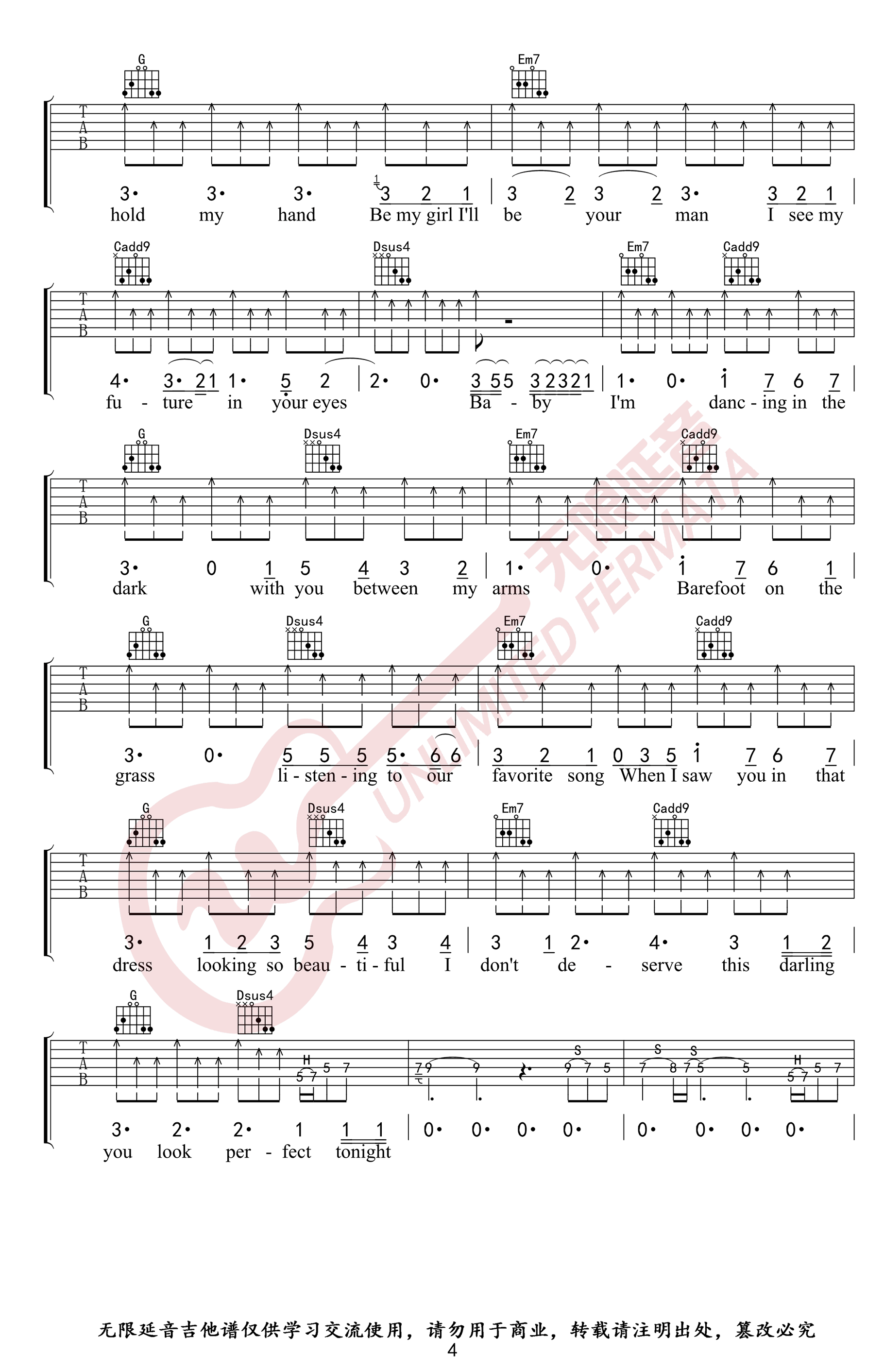 Perfect吉他谱,原版歌曲,简单G调弹唱教学,六线谱指弹简谱5张图