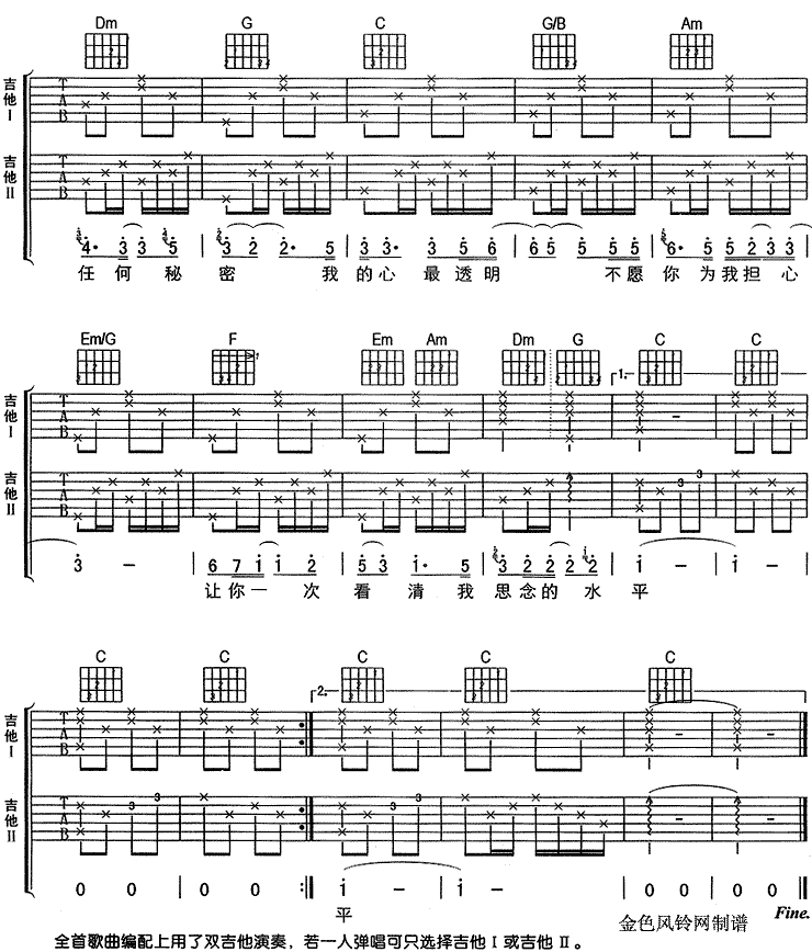 透明吉他谱,C调高清简单谱教学简谱,刘若英六线谱原版六线谱图片