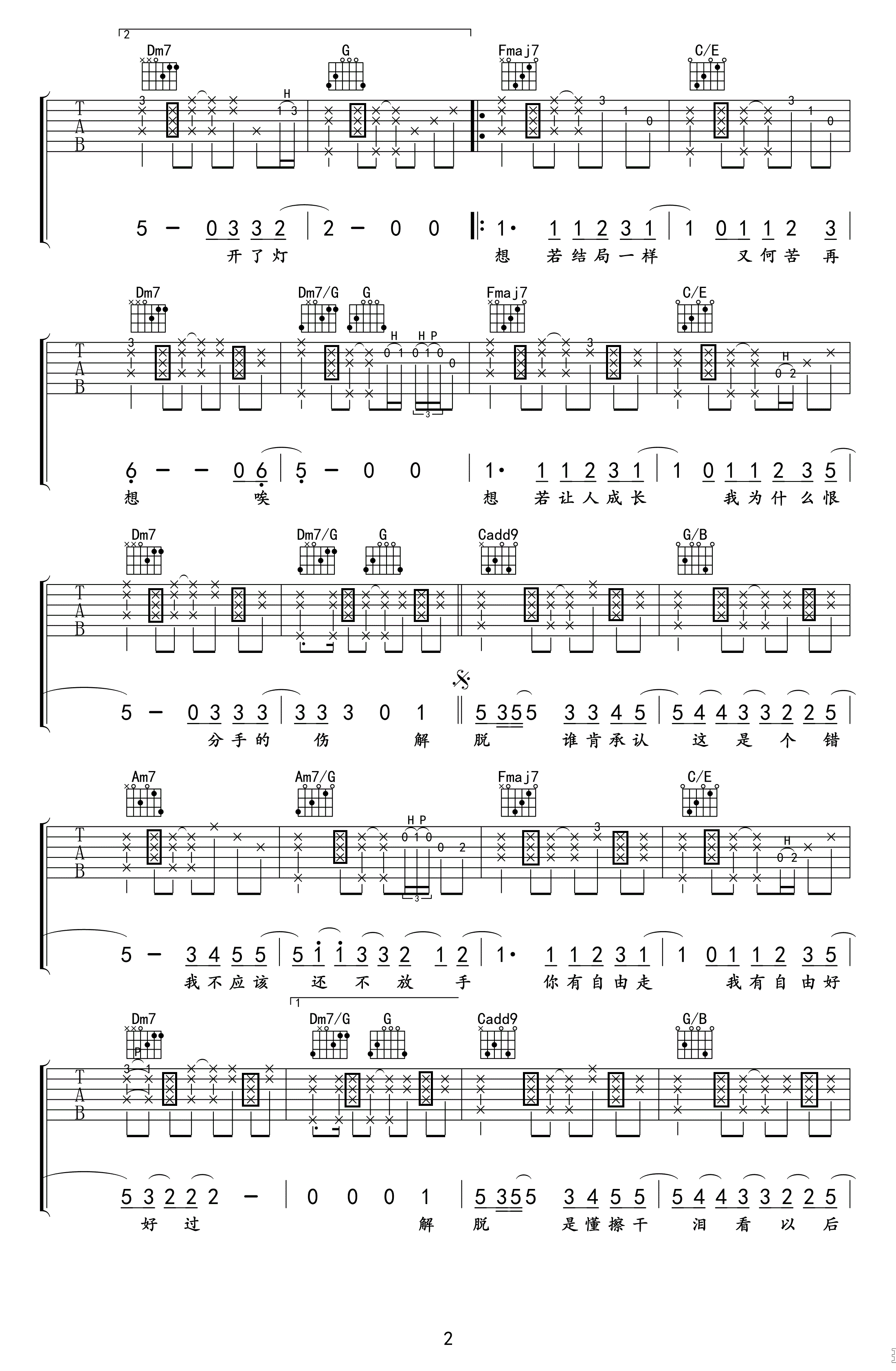 解脱吉他谱,原版歌曲,简单C调弹唱教学,六线谱指弹简谱2张图