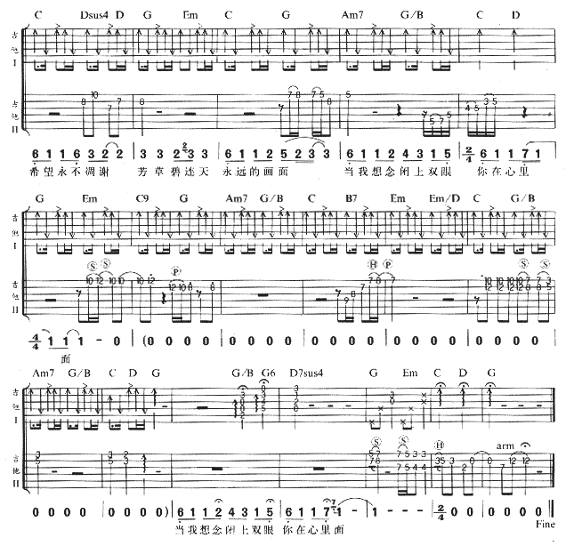 永远的画面吉他谱,C调完美版高清简单谱教学简谱,张惠妹六线谱原版六线谱图片