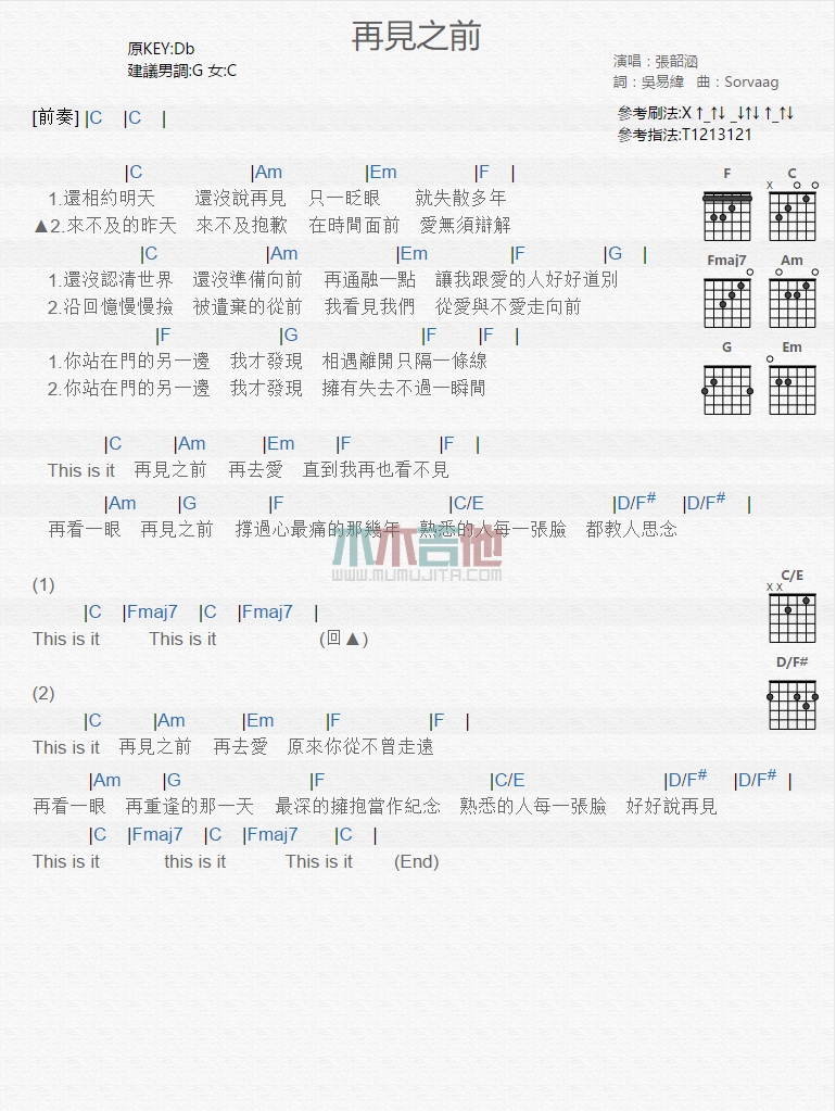 再见之前吉他谱,C调高清简单谱教学简谱,张韶涵六线谱原版六线谱图片