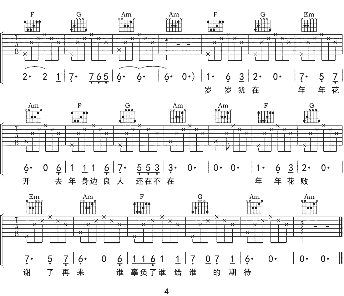 假如我吉他谱,原版歌曲,简单C调弹唱教学,六线谱指弹简谱4张图