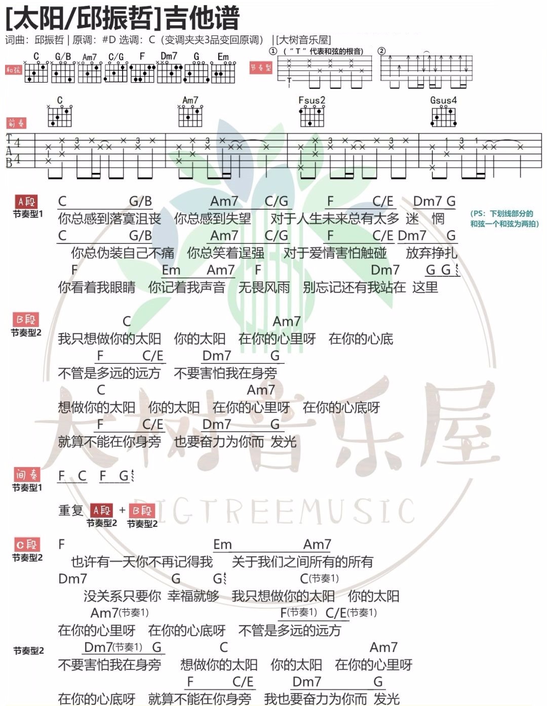 太阳吉他谱,原版歌曲,简单C调弹唱教学,六线谱指弹简谱1张图