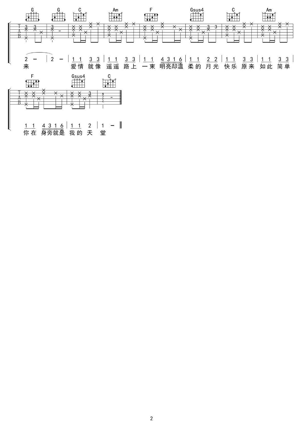 画吉他谱,原版歌曲,简单C调弹唱教学,六线谱指弹简谱2张图