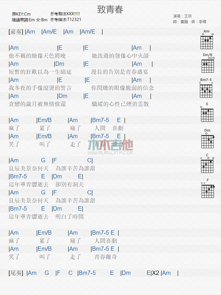 致青春吉他谱,C调高清简单谱教学简谱,王菲六线谱原版六线谱图片