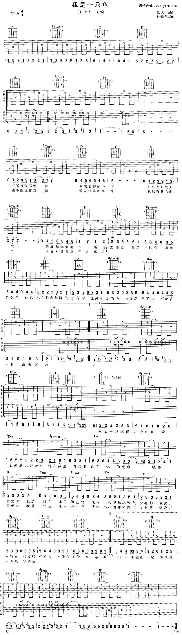 我是一只鱼吉他谱,C调高清简单谱教学简谱,任贤齐六线谱原版六线谱图片