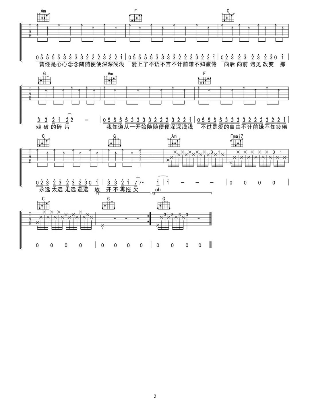 侧脸吉他谱,原版歌曲,简单C调弹唱教学,六线谱指弹简谱2张图