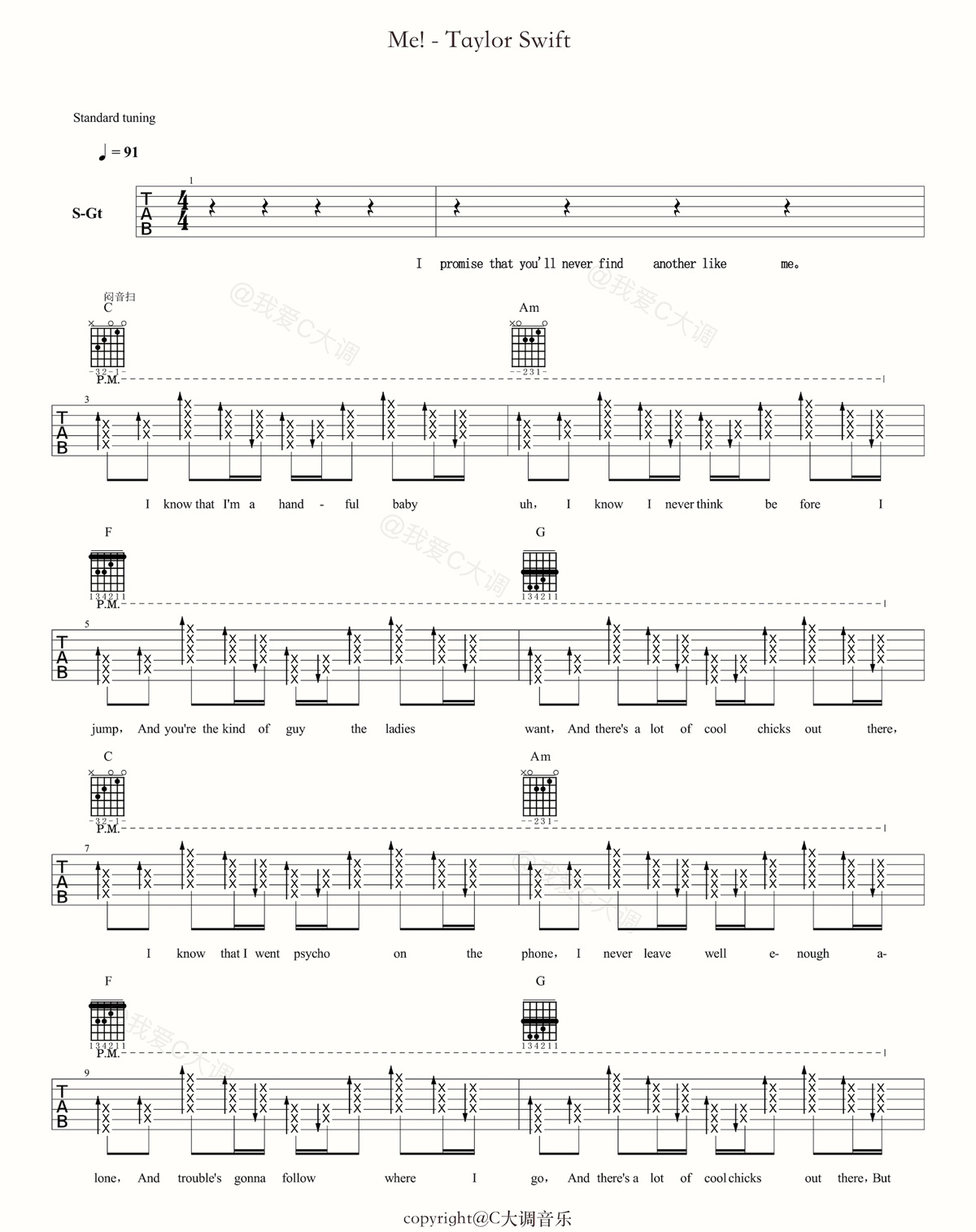 Me吉他谱,原版歌曲,简单C调弹唱教学,六线谱指弹简谱5张图