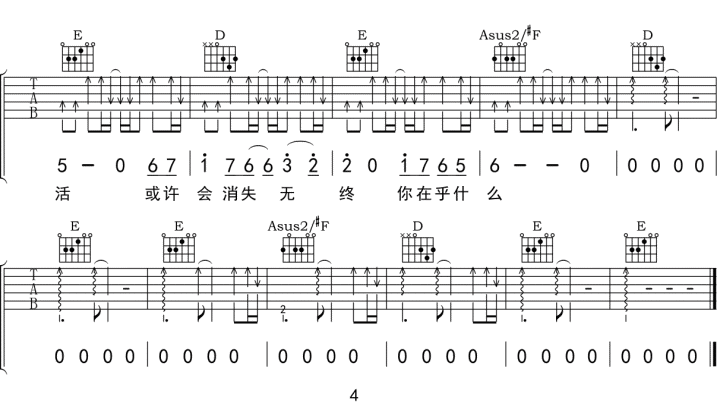 太多吉他谱,原版歌曲,简单A调弹唱教学,六线谱指弹简谱4张图