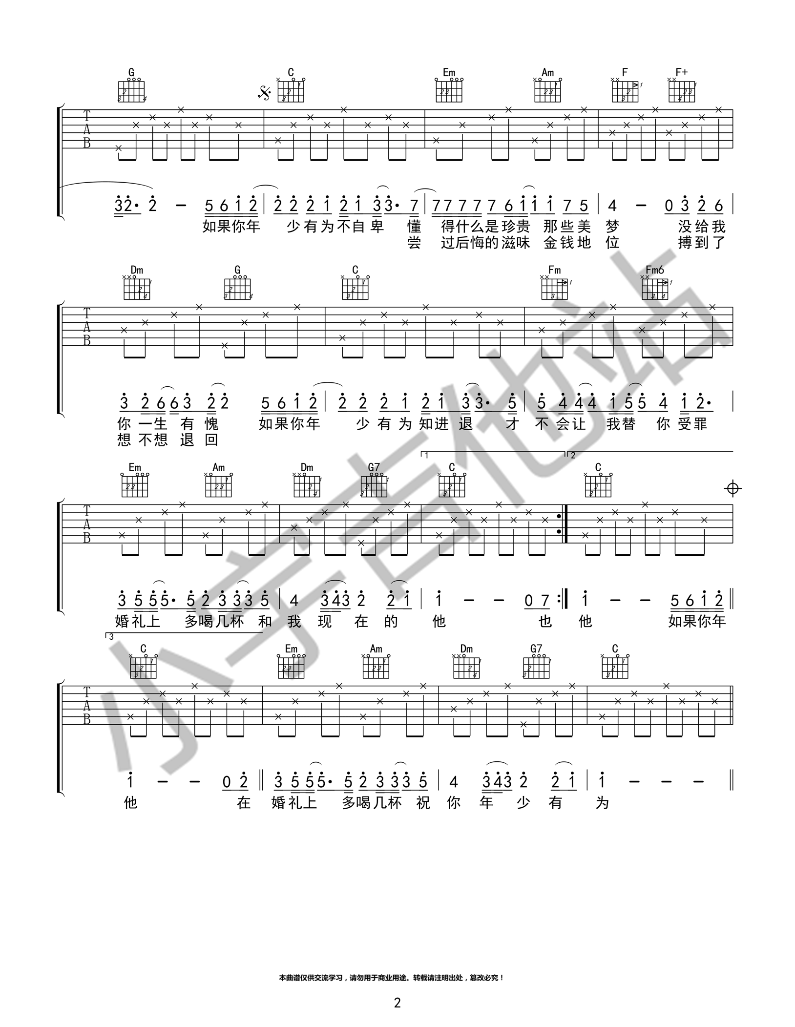 年少有为吉他谱,原版歌曲,简单C调弹唱教学,六线谱指弹简谱2张图