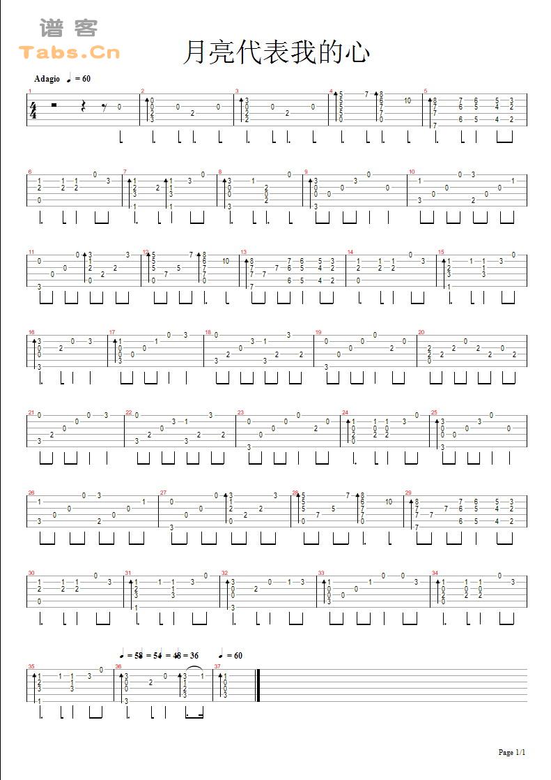 月亮代表我的心吉他谱,C调赖康康版高清简单谱教学简谱,邓丽君六线谱原版六线谱图片