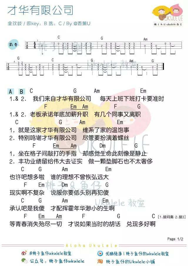 才华有限公司吉他谱,原版歌曲,简单C调弹唱教学,六线谱指弹简谱1张图