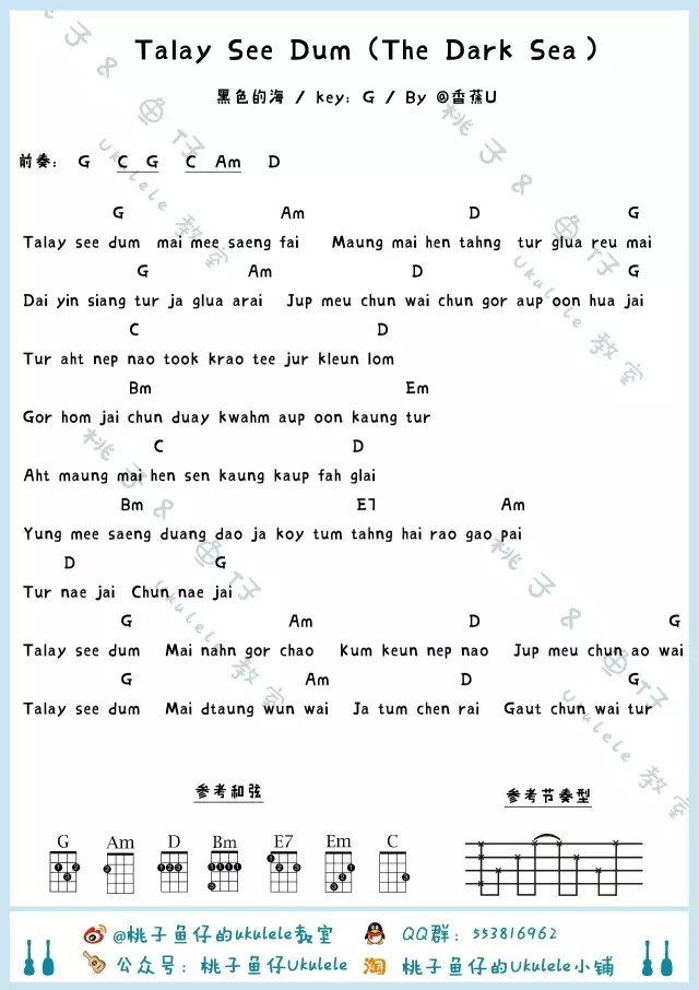 TalaySeeDum（黑色的海）吉他谱,原版歌曲,简单C调弹唱教学,六线谱指弹简谱1张图