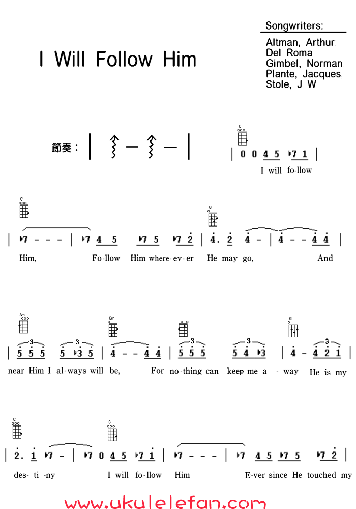 iwillfollowhim吉他谱,原版歌曲,简单C调弹唱教学,六线谱指弹简谱2张图