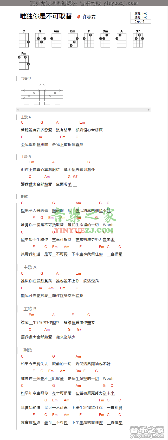 唯独你是不可取替吉他谱,原版歌曲,简单C调弹唱教学,六线谱指弹简谱1张图