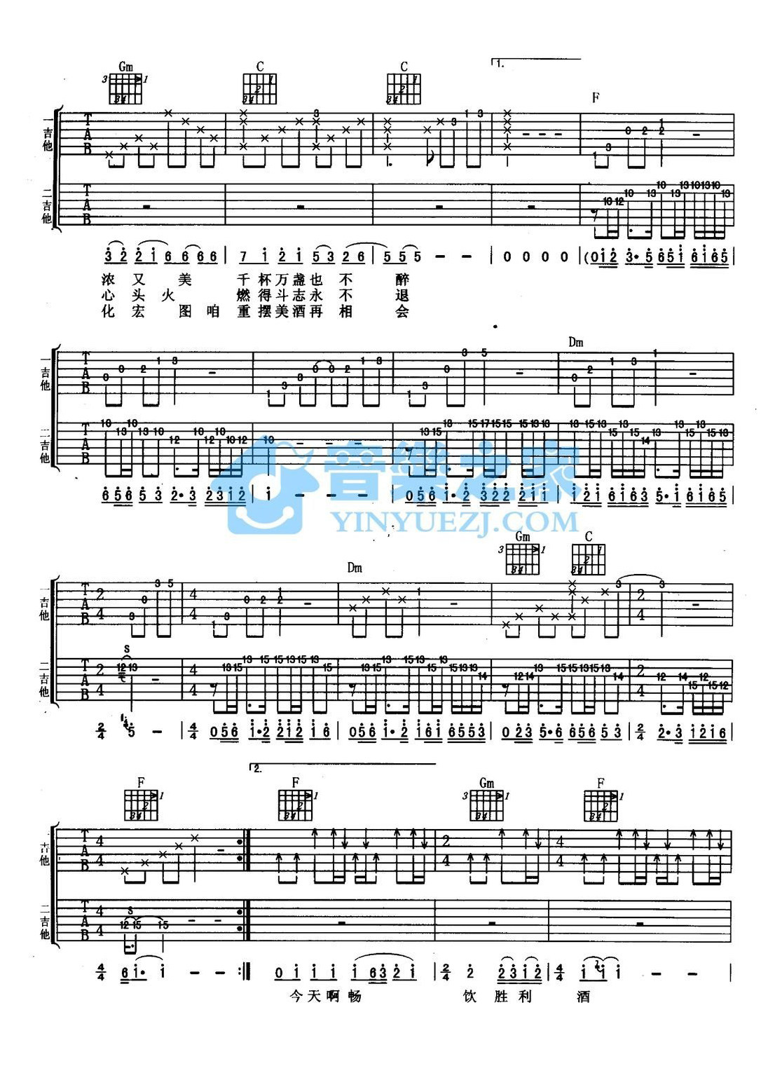 祝酒歌吉他谱,原版歌曲,简单F调弹唱教学,六线谱指弹简谱2张图