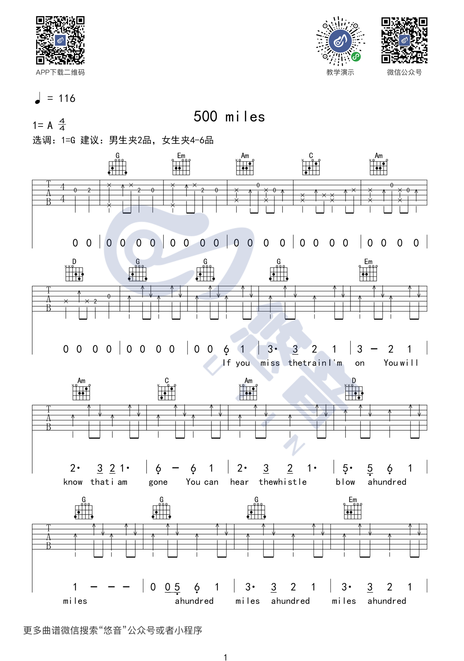 FiveHundredMiles吉他谱,原版歌曲,简单G调弹唱教学,六线谱指弹简谱2张图