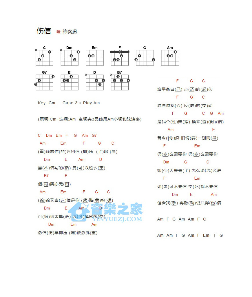 伤信吉他谱,原版歌曲,简单C调弹唱教学,六线谱指弹简谱1张图