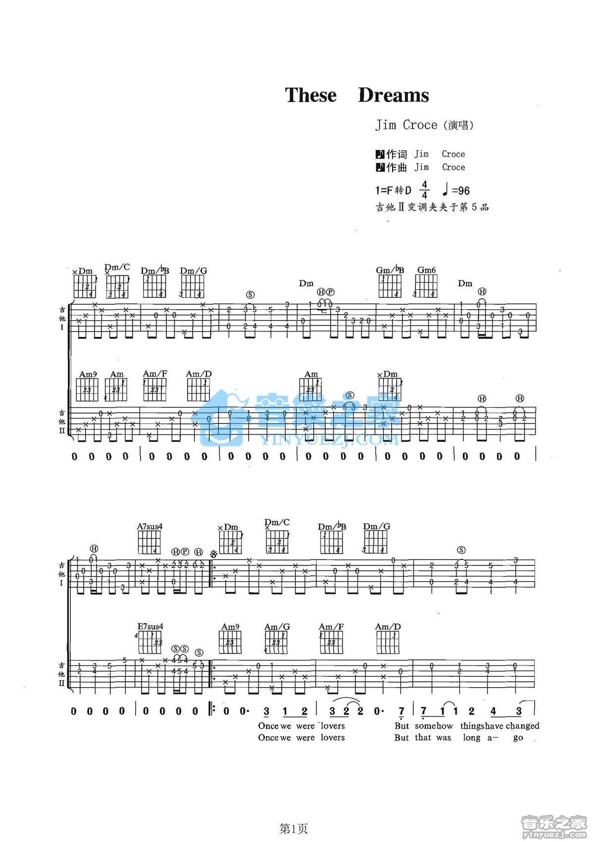 TheseDreams吉他谱,原版歌曲,简单D调弹唱教学,六线谱指弹简谱2张图