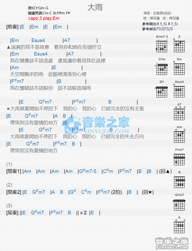 大雨吉他谱,原版歌曲,简单G调弹唱教学,六线谱指弹简谱1张图