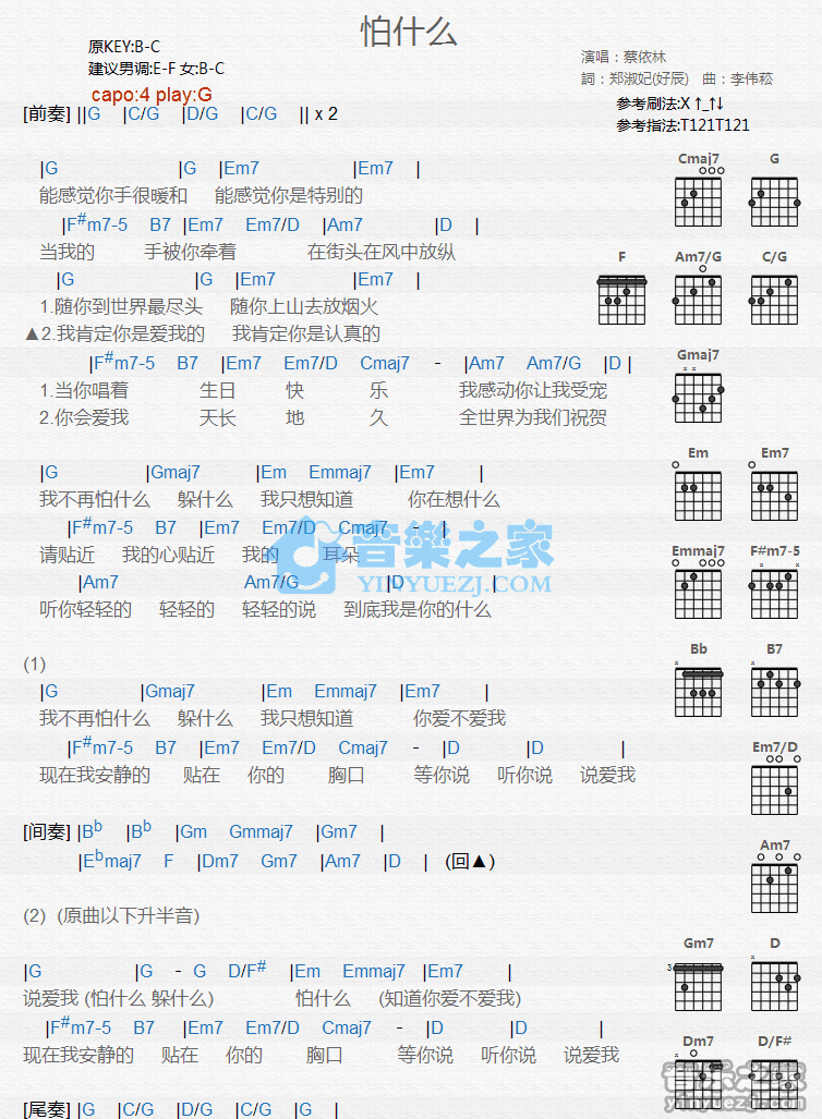 怕什么吉他谱,原版歌曲,简单G调弹唱教学,六线谱指弹简谱1张图