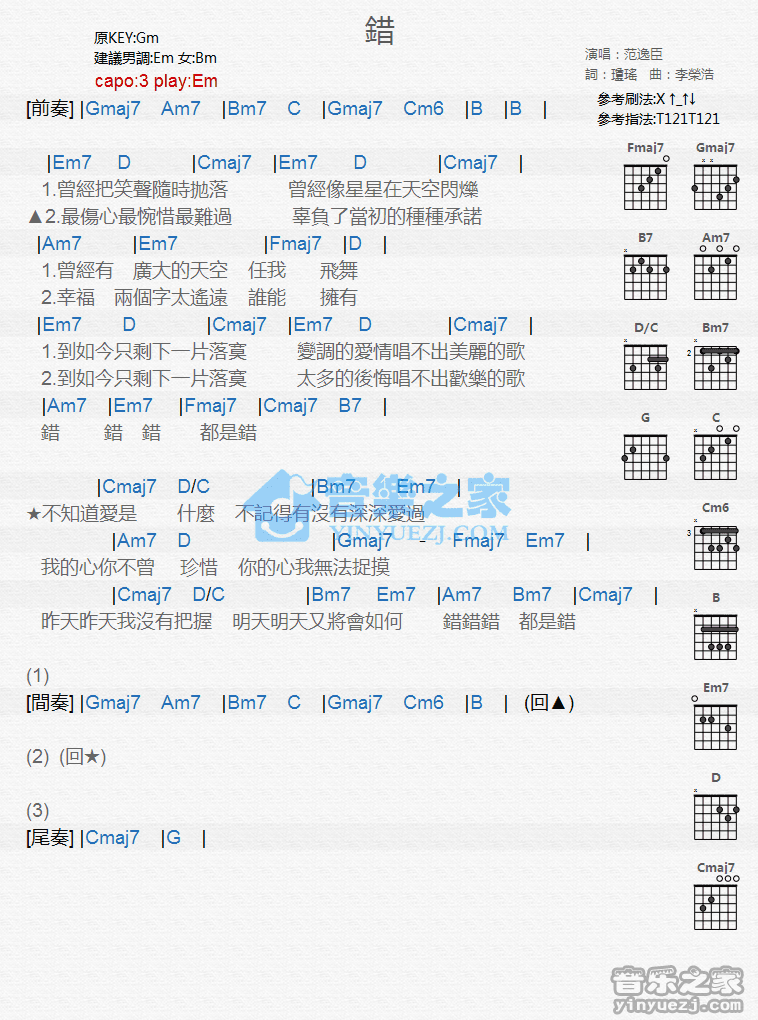 错吉他谱,原版歌曲,简单G调弹唱教学,六线谱指弹简谱1张图