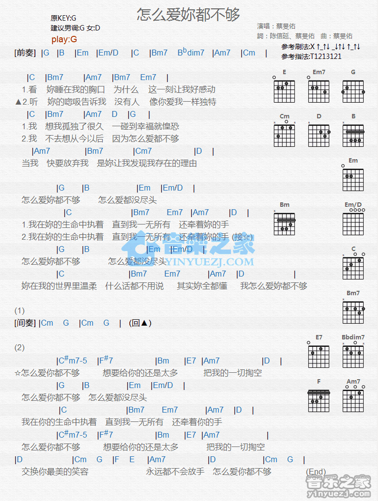 怎么爱你都不够吉他谱,原版歌曲,简单G调弹唱教学,六线谱指弹简谱1张图