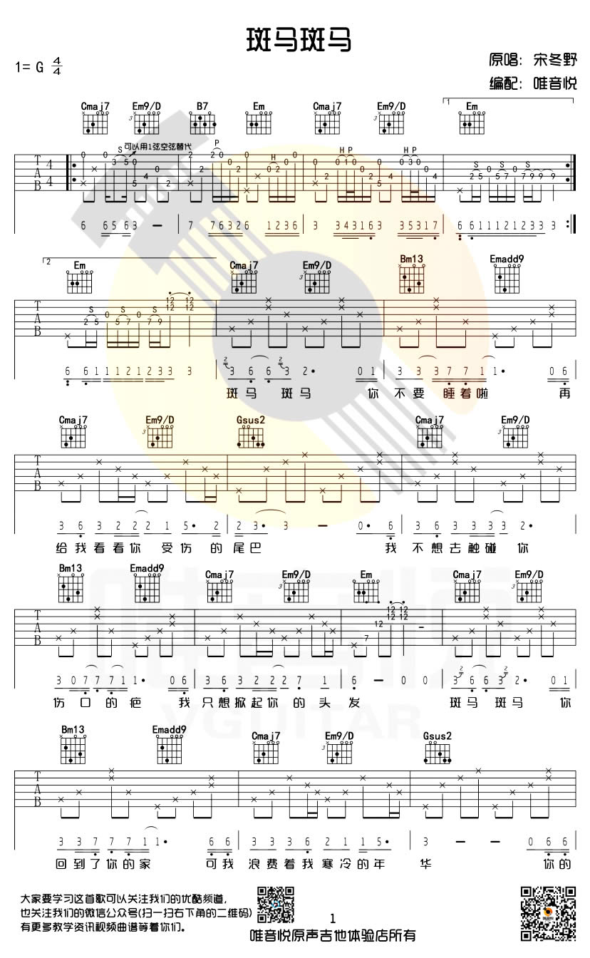 斑马，斑马吉他谱,斑马斑马斑马G调弹唱简单教学简谱,宋冬野六线谱原版六线谱图片