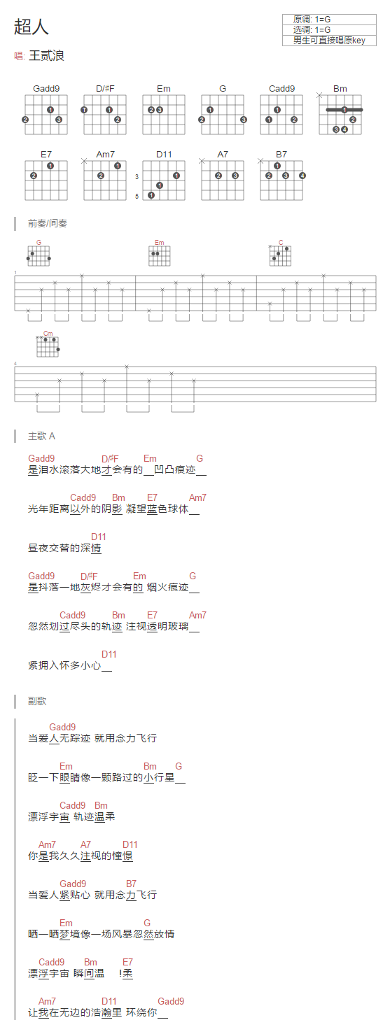王贰浪超人吉他谱,G调简单版弹唱谱高清和弦谱教学简谱,六线谱原版六线谱图片