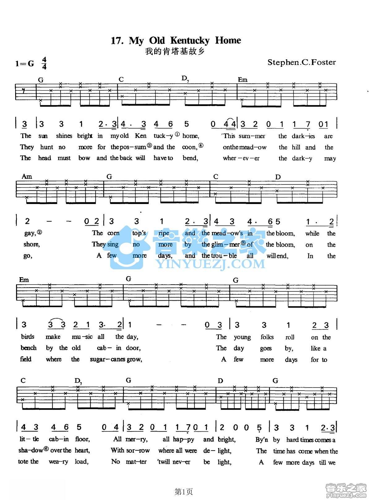 MyOldKentuckyHome吉他谱,原版歌曲,简单G调弹唱教学,六线谱指弹简谱2张图