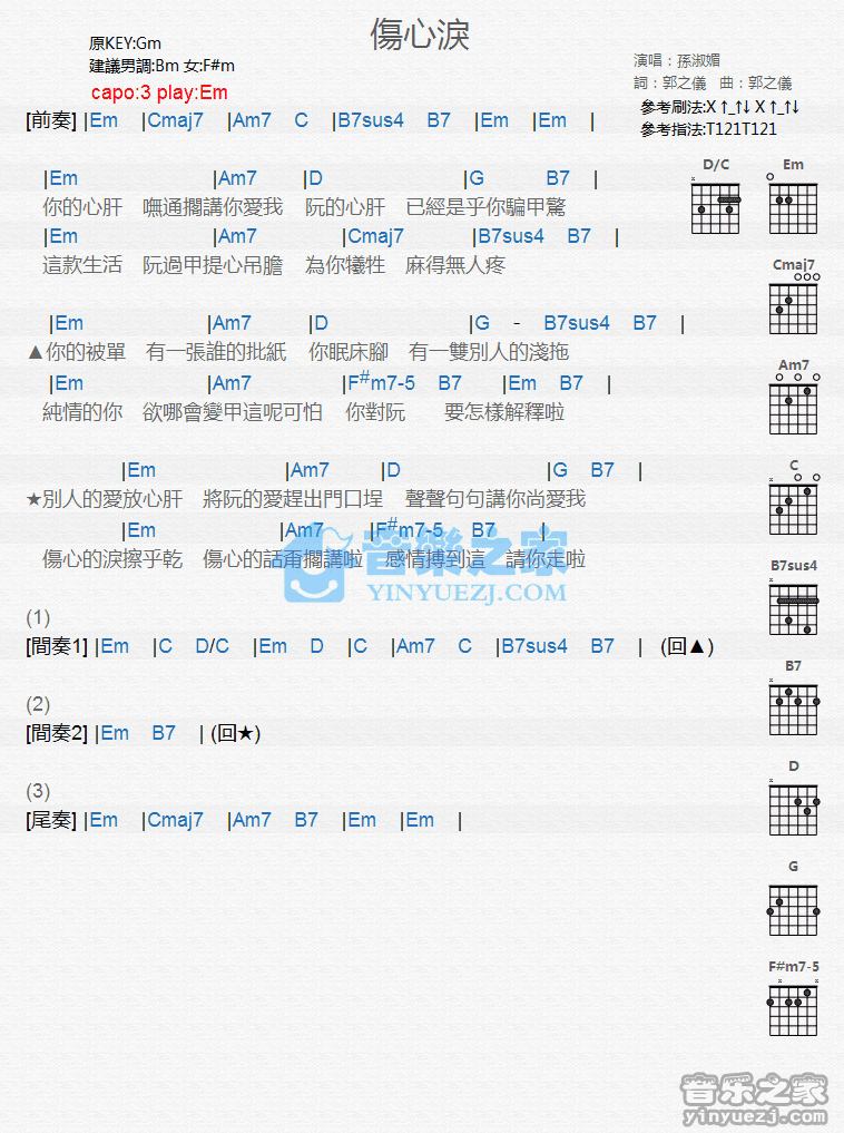 伤心泪吉他谱,原版歌曲,简单G调弹唱教学,六线谱指弹简谱1张图