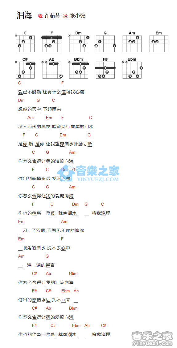 泪海吉他谱,原版歌曲,简单C调弹唱教学,六线谱指弹简谱1张图