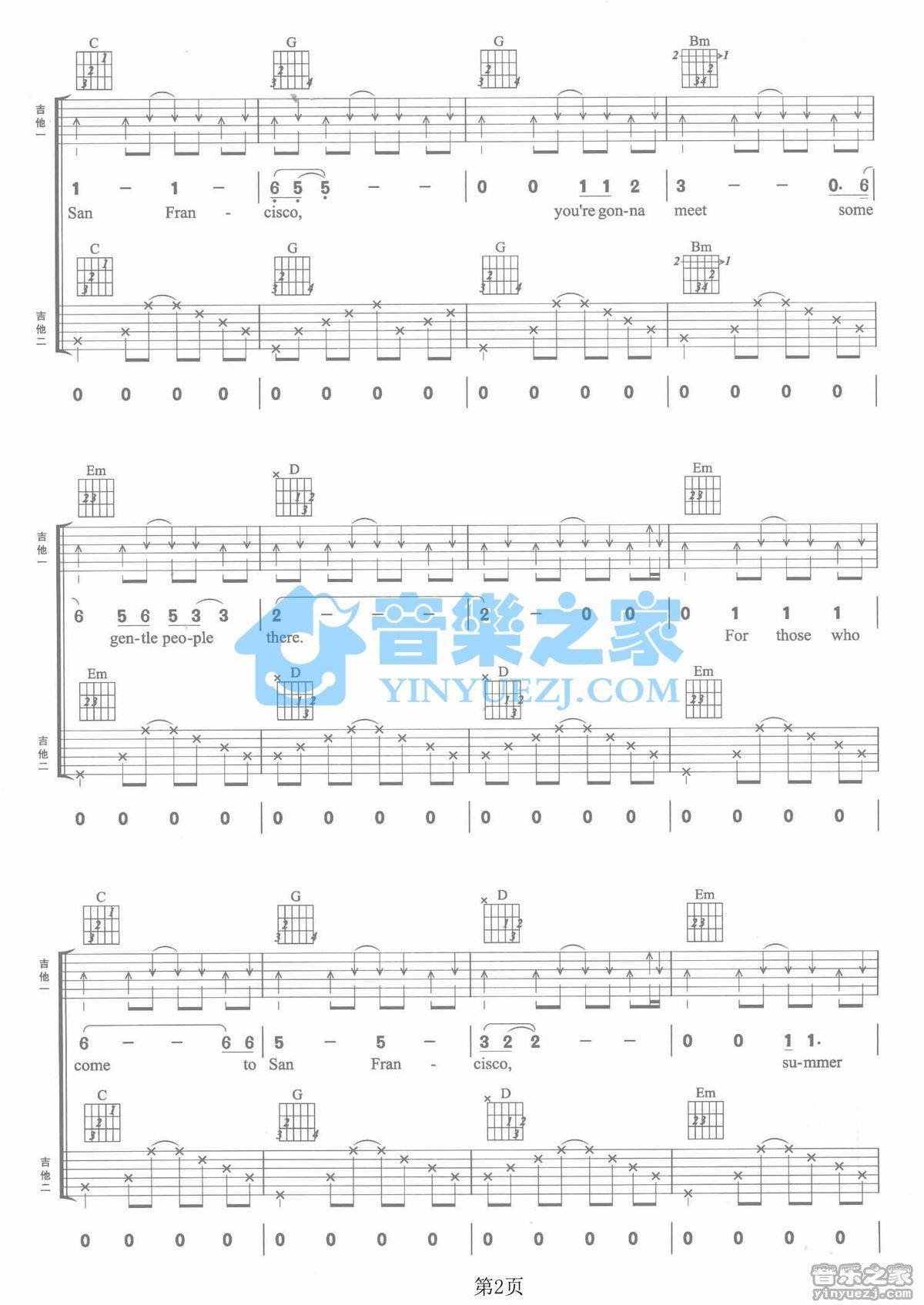 SanFrancisico吉他谱,原版歌曲,简单G调弹唱教学,六线谱指弹简谱2张图