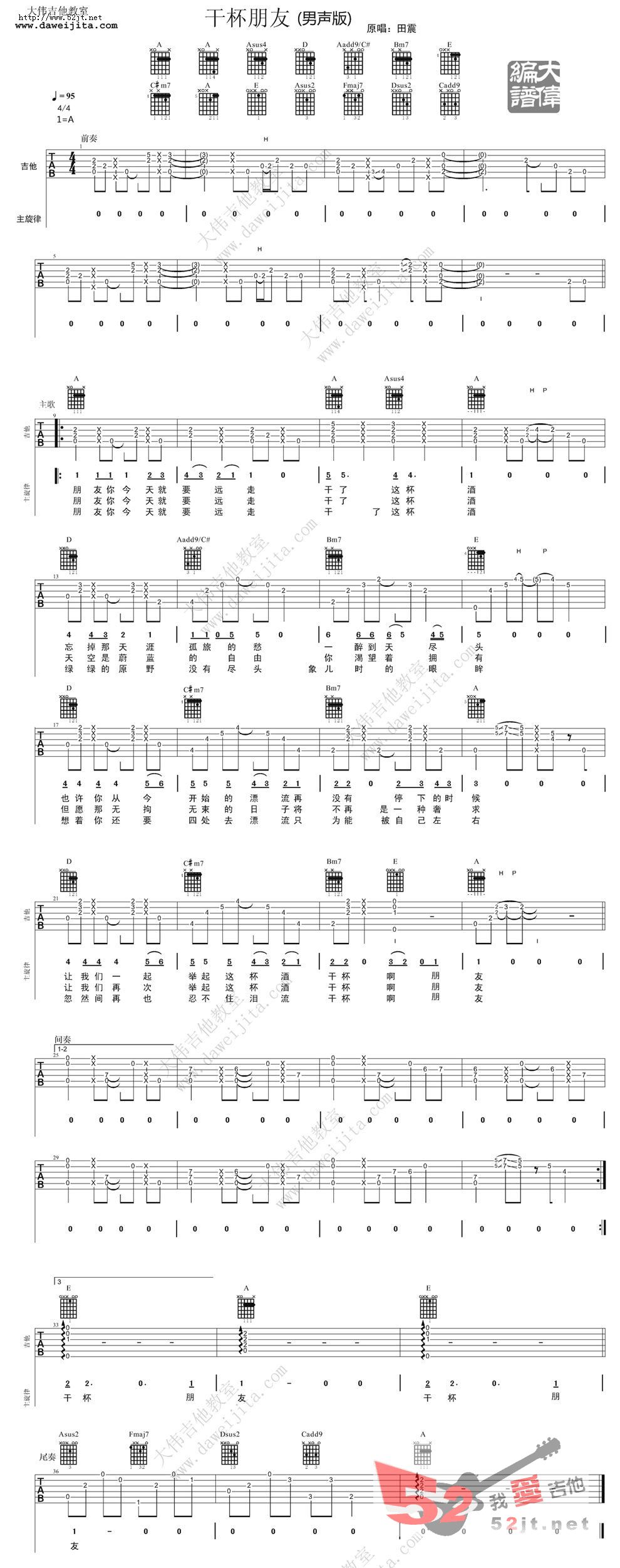 干杯朋友吉他谱,C调男声版视频高清简单谱教学简谱,田震六线谱原版六线谱图片