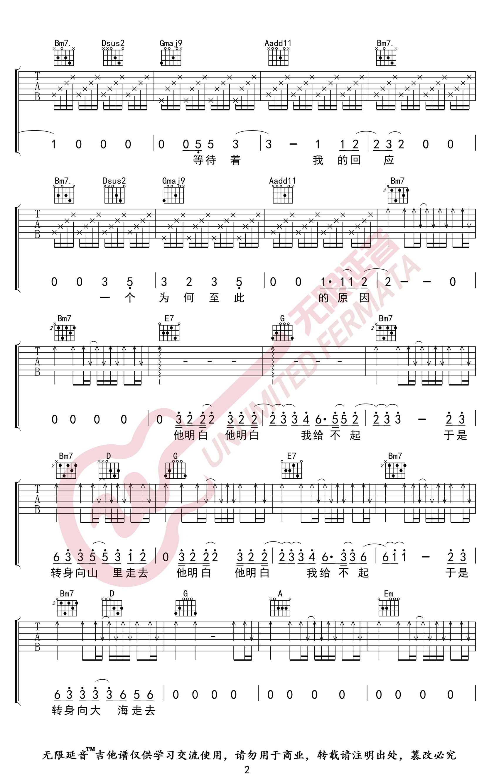 山海吉他谱,无限教学简谱,草东没有派对D调弹唱六线谱图片