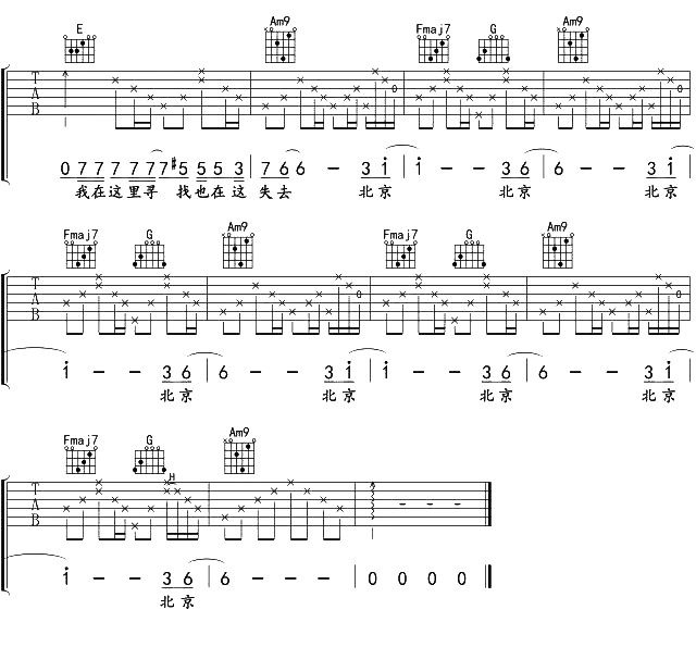 北京北京吉他谱,原版歌曲,简单E调弹唱教学,六线谱指弹简谱4张图