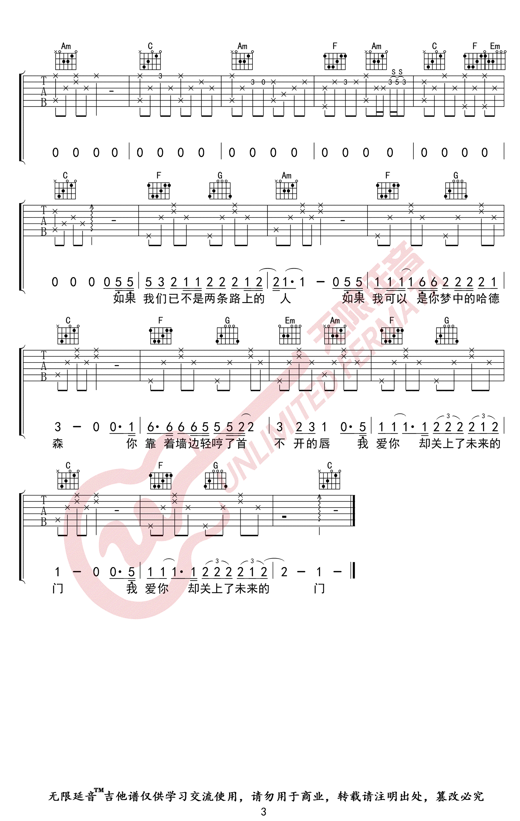 这个世界不会好吉他谱,C调C调弹唱教学简谱,子默六线谱原版六线谱图片