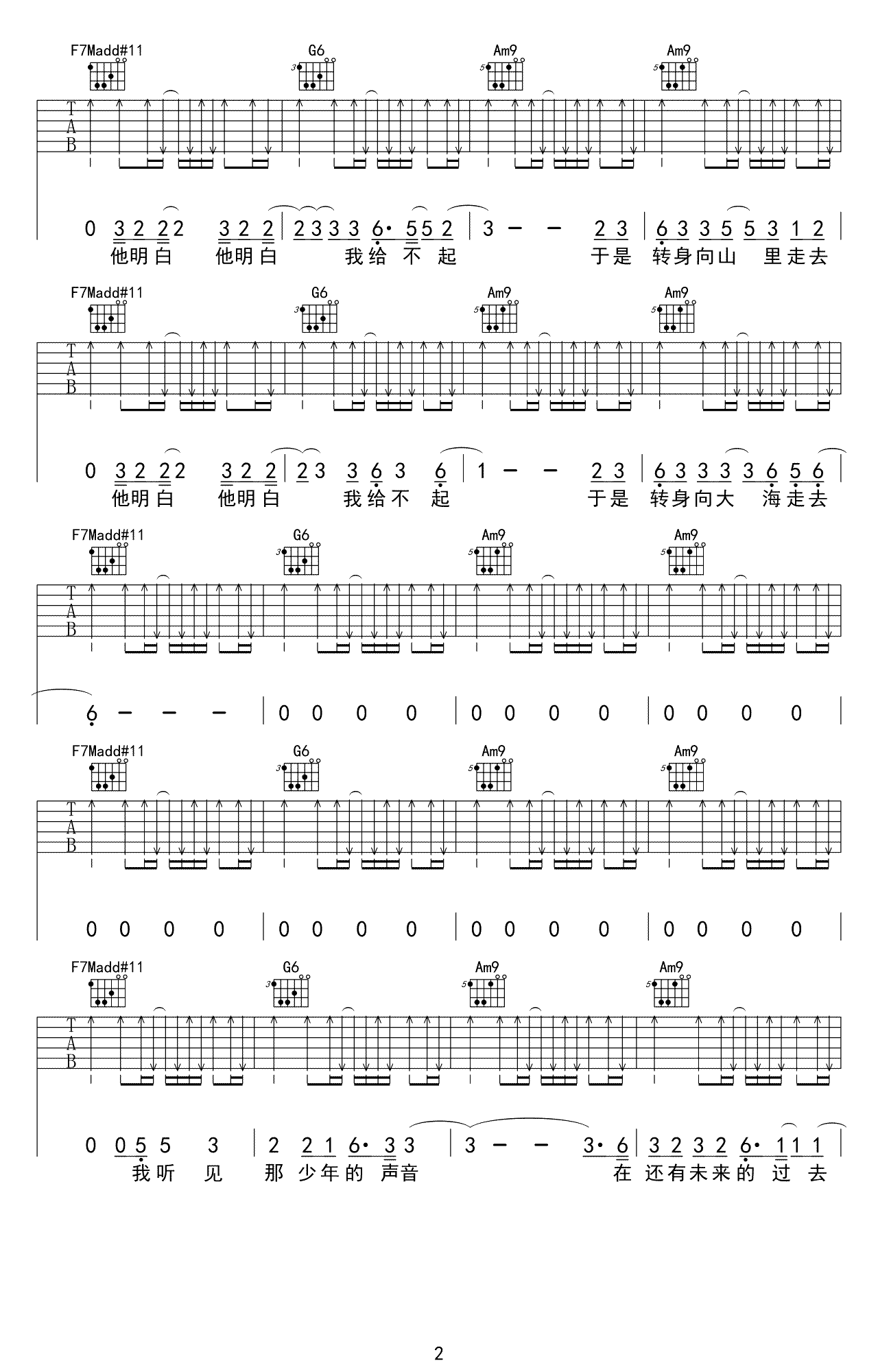 山海吉他谱,原版歌曲,简单C调弹唱教学,六线谱指弹简谱3张图