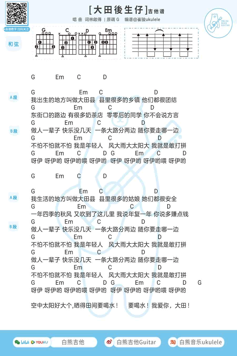 大田后生仔吉他谱,C调弹唱伴奏谱吉他演示视频教学简谱,林启得(林啟得)六线六线谱图片