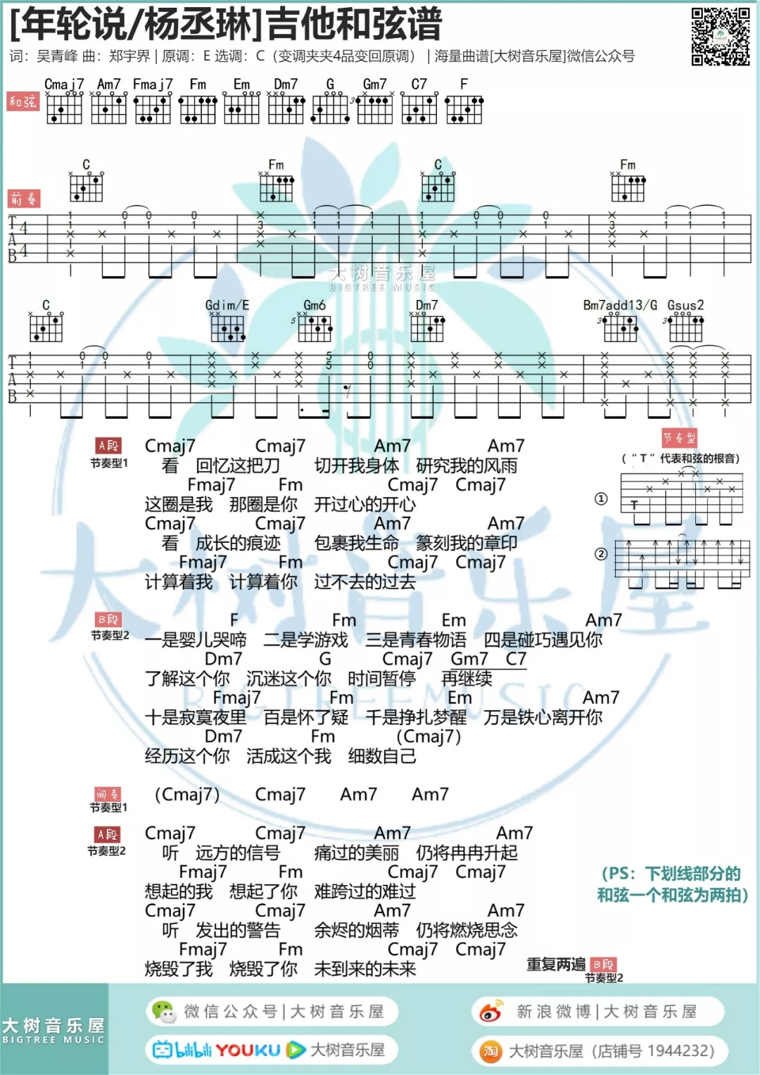 年轮说吉他谱,E调高清简单谱教学简谱,杨丞琳六线谱原版六线谱图片