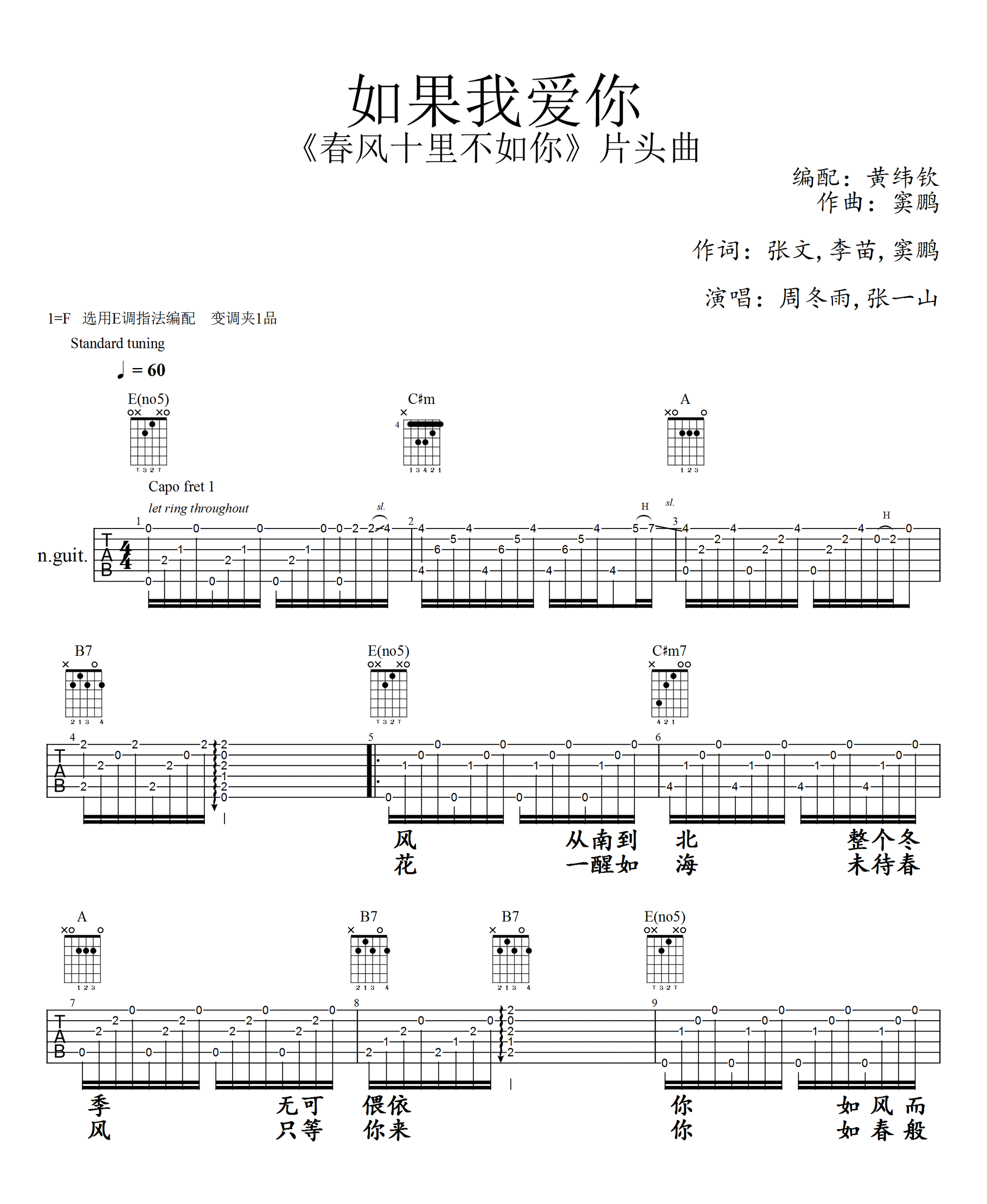 如果我爱你吉他谱,原版歌曲,简单F调弹唱教学,六线谱指弹简谱4张图