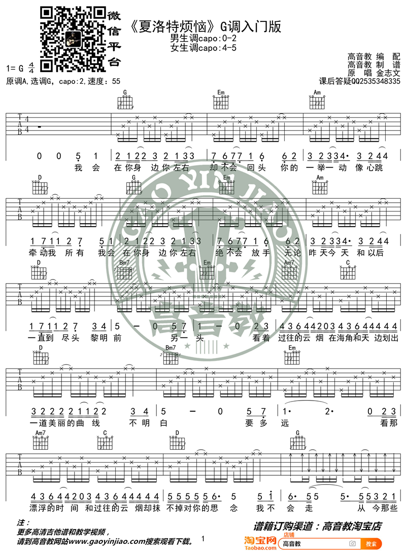 夏洛特烦恼吉他谱,G调入门版教学简谱,金志文六线谱原版六线谱图片