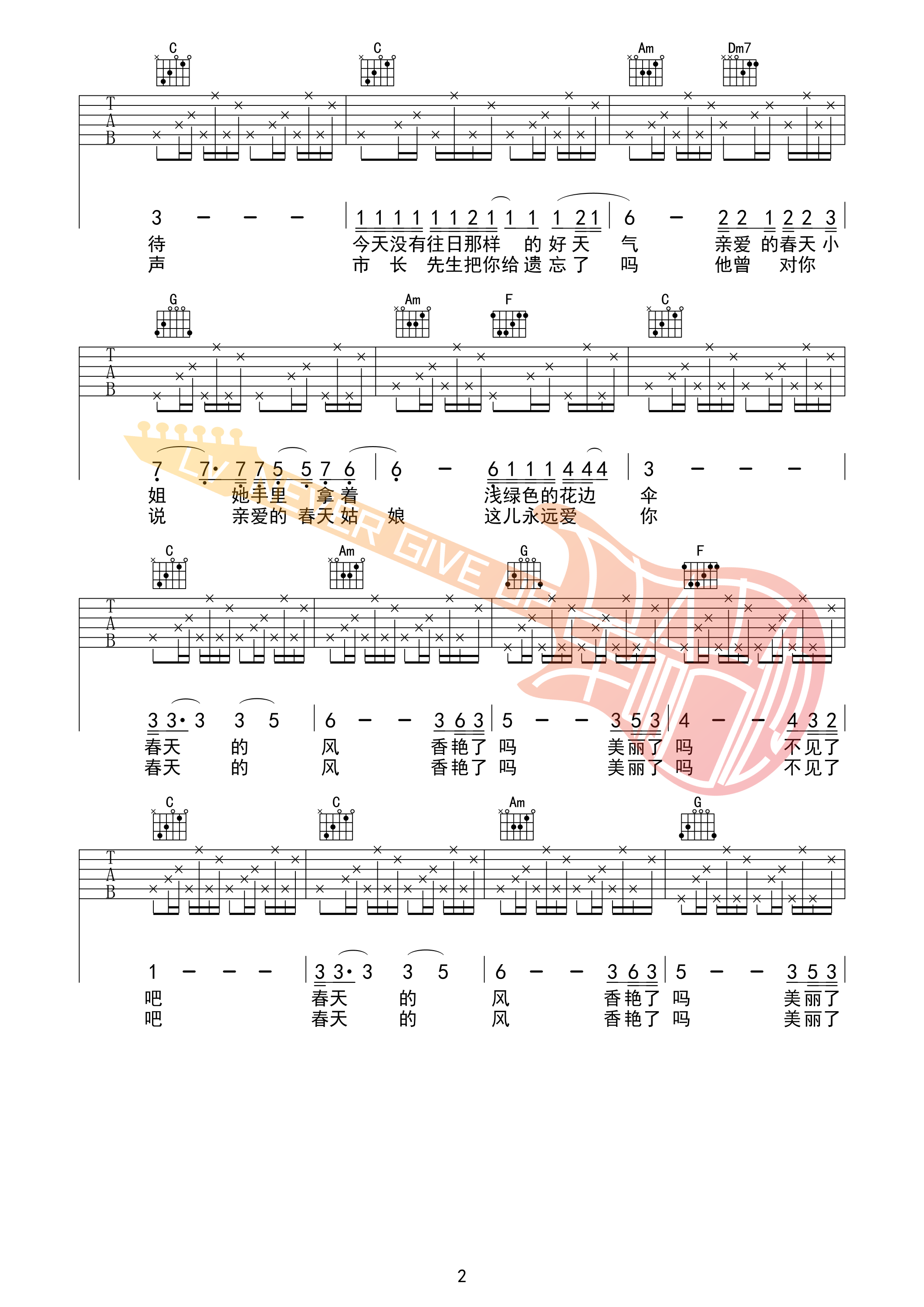 晚上好春天小姐吉他谱,原版歌曲,简单C调弹唱教学,六线谱指弹简谱3张图