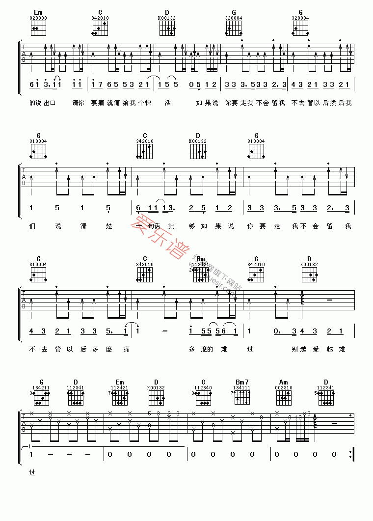 越爱越难过吉他谱,C调高清简单谱教学简谱,吴克群六线谱原版六线谱图片