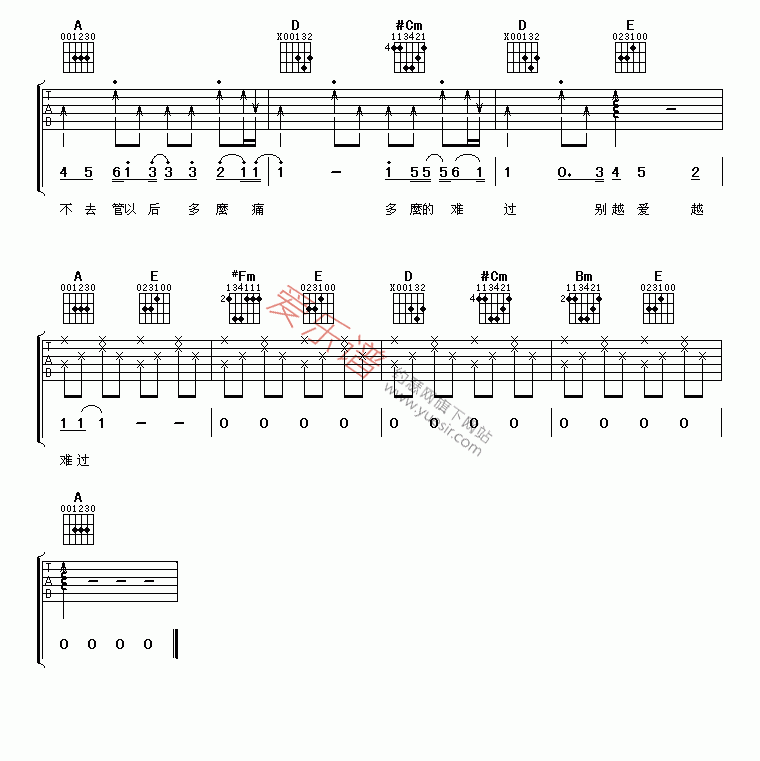 越爱越难过吉他谱,C调高清简单谱教学简谱,吴克群六线谱原版六线谱图片